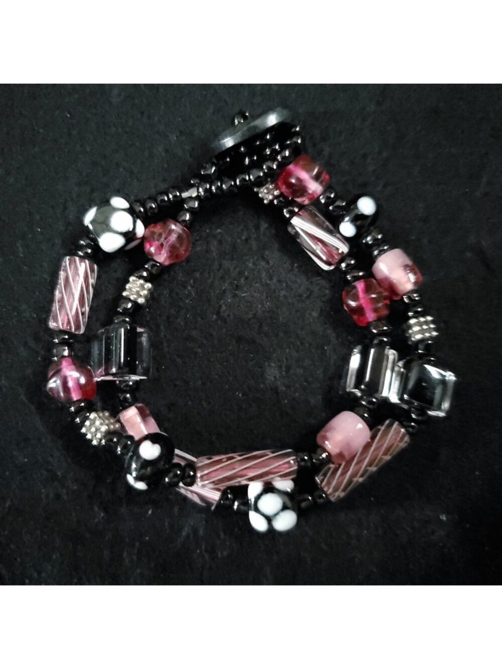 Vintage Beaded Glass Bracelet Pink Black Furnace Cane Lampwork 6”